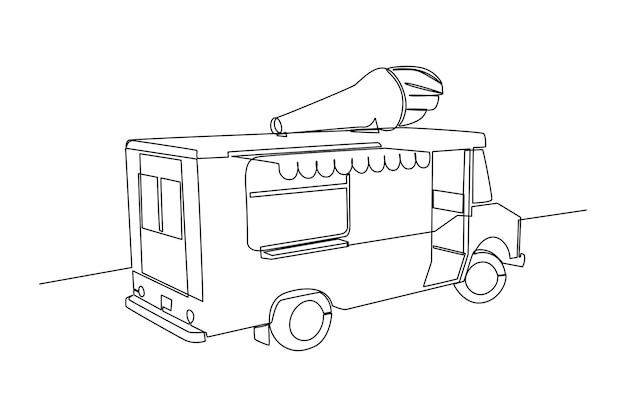 Desenho de linha única caminhão de sorvete móvel conceito de caminhão de comida desenho de linha contínua