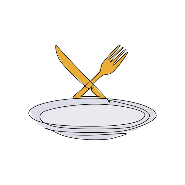 Vetor desenho de linha única contínua de gráfico de vetor de design de logotipo de faca e garfo de prato vazio estilizado