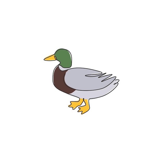 Desenho de linha única contínua de pato selvagem fofo para logotipo de fazenda pato de aves aquáticas para ícone de gado