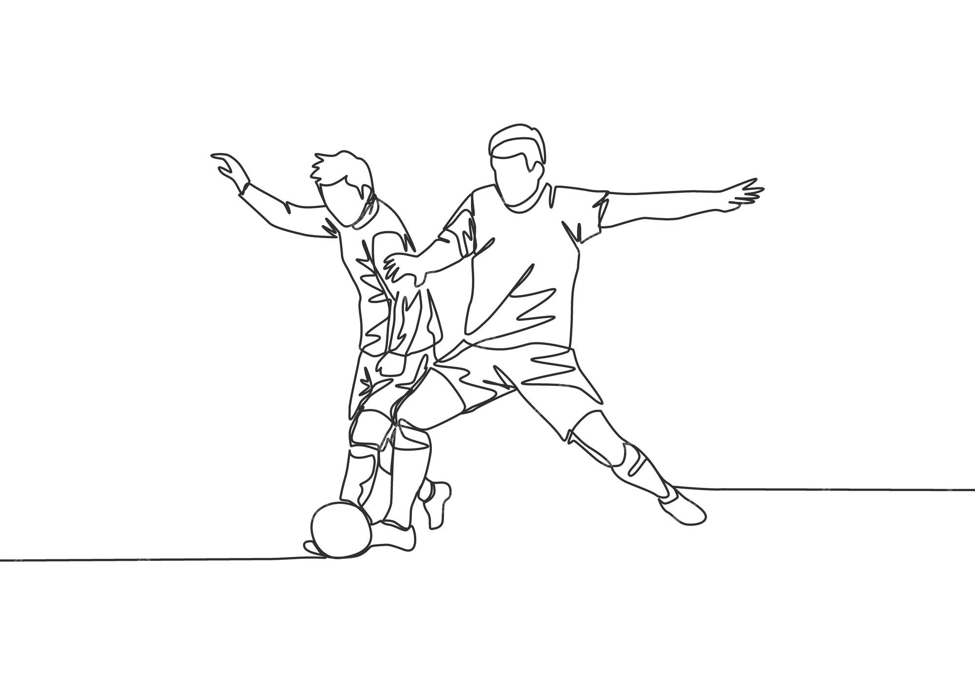 Desenho de linha única de dois jogadores de futebol lutando pela bola no  jogo esporte de partida de futebol