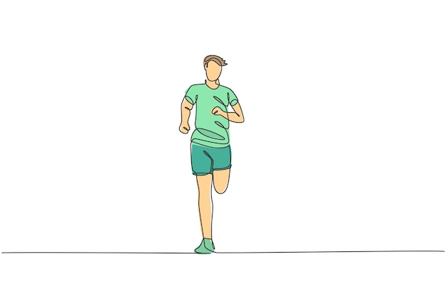 Desenho de linha única e contínua de um jovem corredor de saúde correndo na pista de corrida Vetor de design de esporte