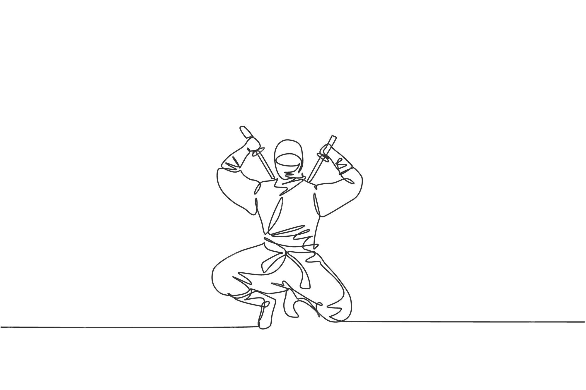 Um Desenho De Linha Contínua De Jovem Personagem Ninja Japonês Corajoso Em  Traje Preto Com Posição De Ataque. Conceito De Luta De Arte Marcial.  Ilustração Vetorial Gráfica Dinâmica De Desenho De Linha