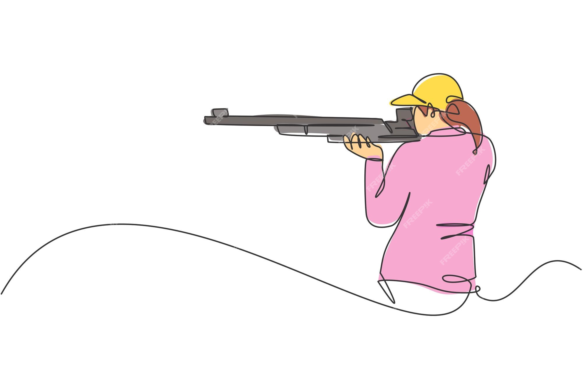 mão única de desenho de uma linha segurando a arma através do