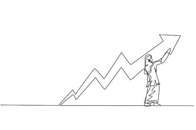 Vetor desenho de linha única e contínua de uma jovem bela gerente feminina árabe desenha um gráfico de linha de progresso