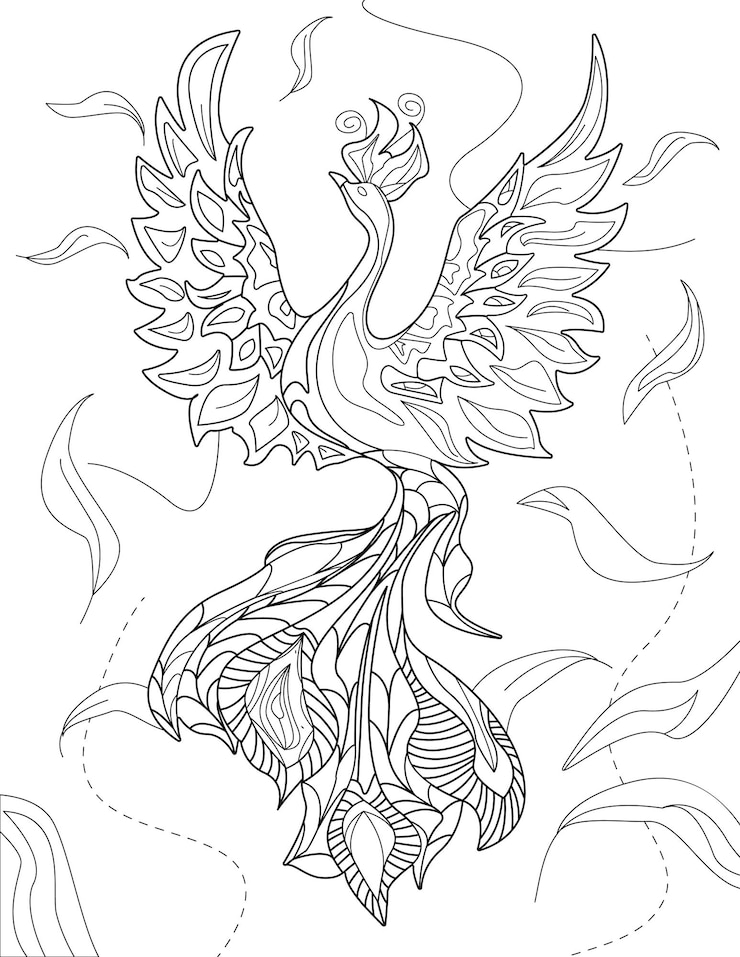 Vetor desenho de linha vetorial abstrato estilizado elegante e elegante pena fluida de fênix lineart digital de fundo