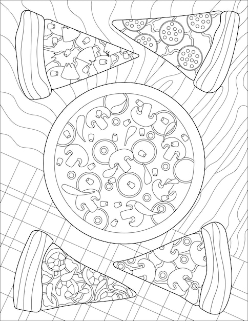 Desenho de linha vetorial pizza grande quatro fatias mesa sentada imagem lineart digital saborosa refeição de torta
