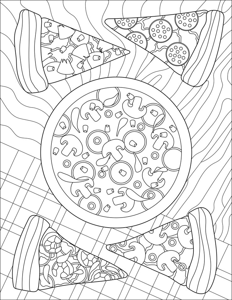Vetor desenho de linha vetorial pizza grande quatro fatias mesa sentada imagem lineart digital saborosa refeição de torta