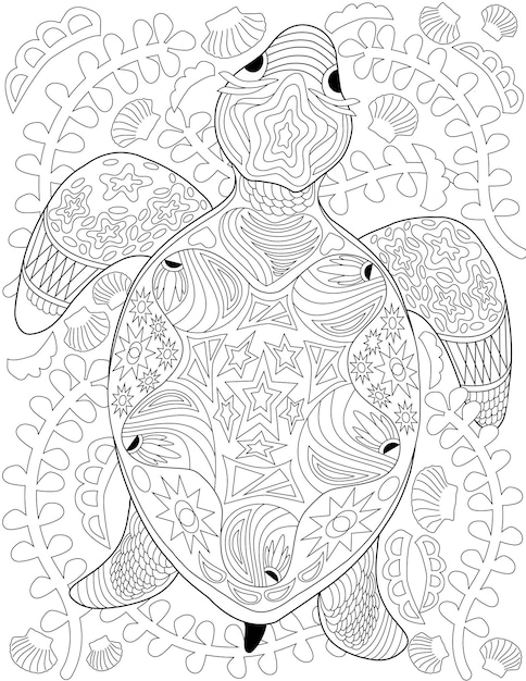 Desenho de linha vetorial tartaruga estilizada nadando decorada com flores imagem lineart digital