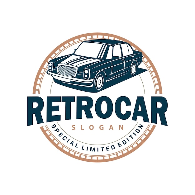 Desenho de logotipo de carro clássico selo vetor veículo carro muscular velha ilustração vintage retro.