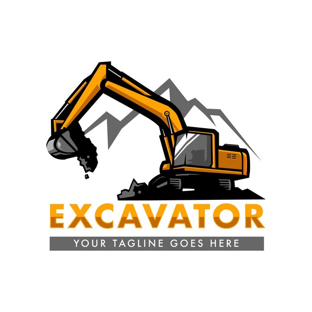 Vetor desenho de logotipo de escavadora para empresa de construção, equipamentos pesados, trabalho, transporte, veículos de mineração