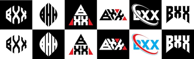 Vetor desenho de logotipo de letra bxx em seis estilos bxx polígono círculo triângulo hexágono plano e estilo simples com variação de cor preta e branca logotipo de carta definido em um quadro de arte bxx logotipo minimalista e clássico
