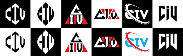 Vetor desenho de logotipo de letra civ em seis estilos civ polígono círculo triângulo hexágono estilo plano e simples com variação de cor preto e branco logotipo de letra definido em uma placa de arte civ logotipo minimalista e clássico