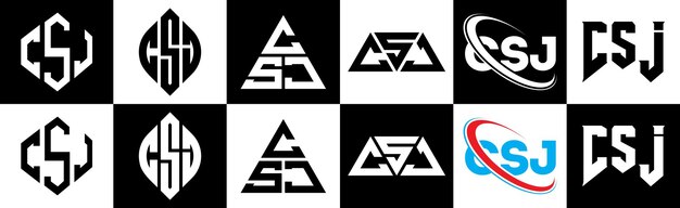 Desenho de logotipo de letra csj em seis estilos csj polígono círculo triângulo hexágono plano e estilo simples com variação de cor preto e branco logotipo de letra definido em uma placa de arte csj logotipo minimalista e clássico