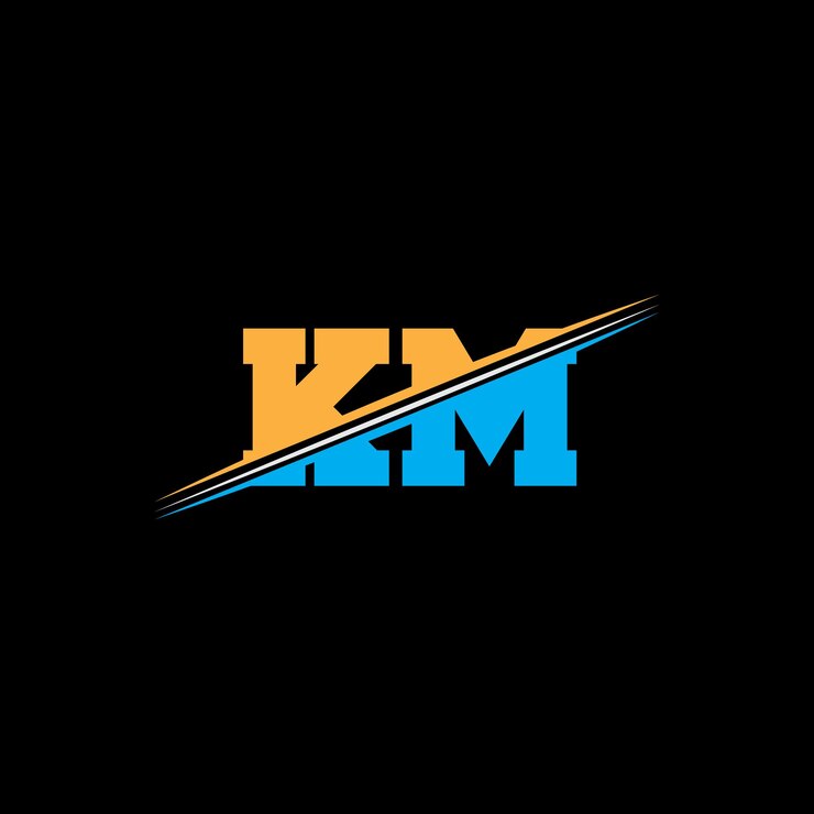 Vetor desenho de logotipo de letra geométrica moderna km com cores laranja e azul