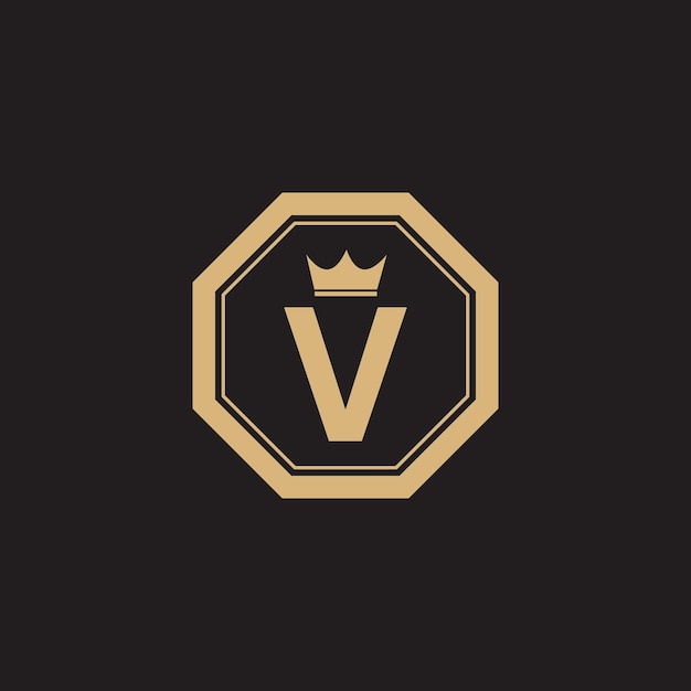 Vetor desenho de logotipo de letra inicial v com ícone de coroa em vetor de forma hexagonal eps
