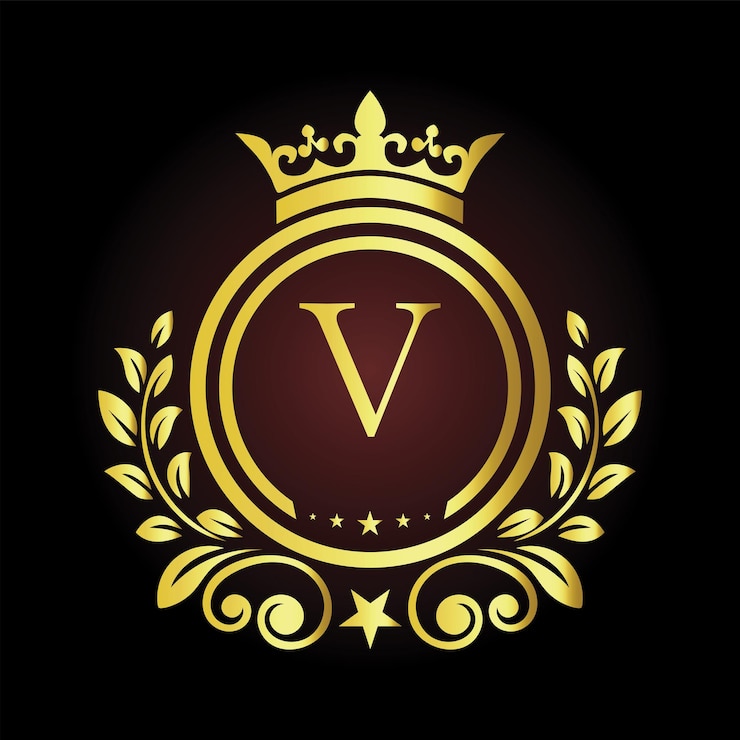Vetor desenho de logotipo de luxo com letra v dourada com elementos de coroa e louro para branding premium