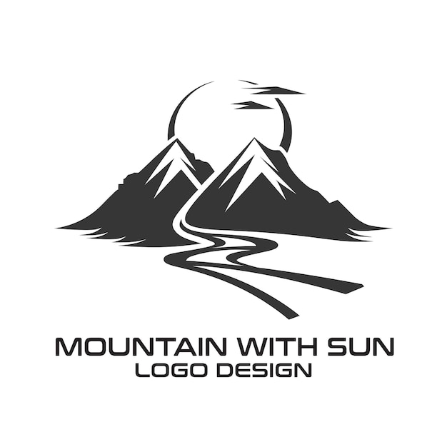 Desenho de logotipo de montanha com vetor de sol