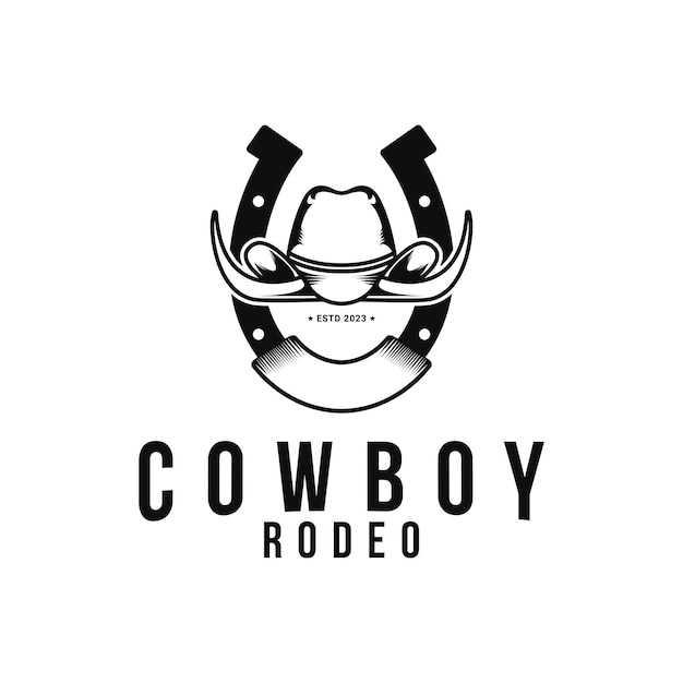 Vetor desenho de logotipo de rodeio de chapéu de cowboy de estilo retro com ferradura