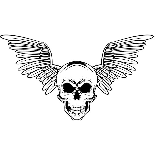 Desenho de logotipo desenhado à mão com ilustração de asas de crânio vetorial