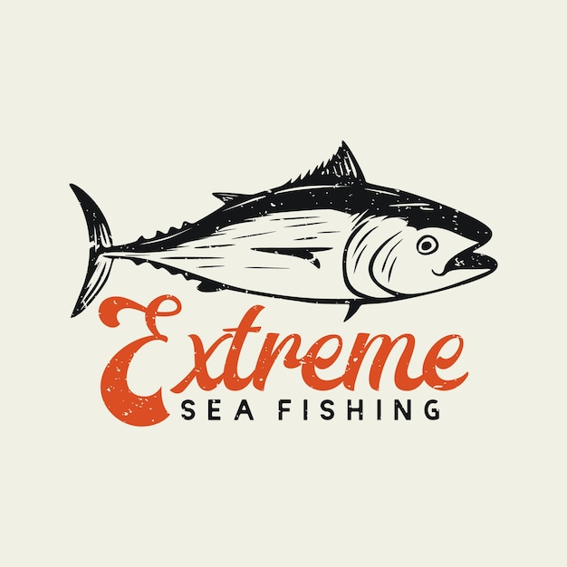 Desenho de logotipo pesca marítima extrema com ilustração vintage de atum