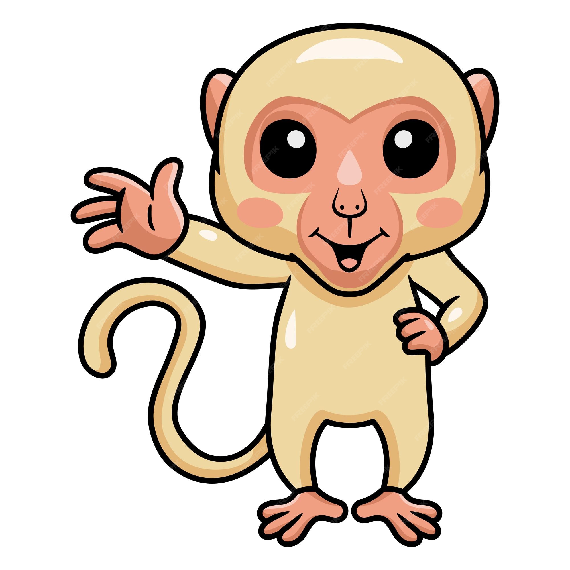 Bonito Pequeno Macaco Albino Desenho Animado Acenando Mão Royalty