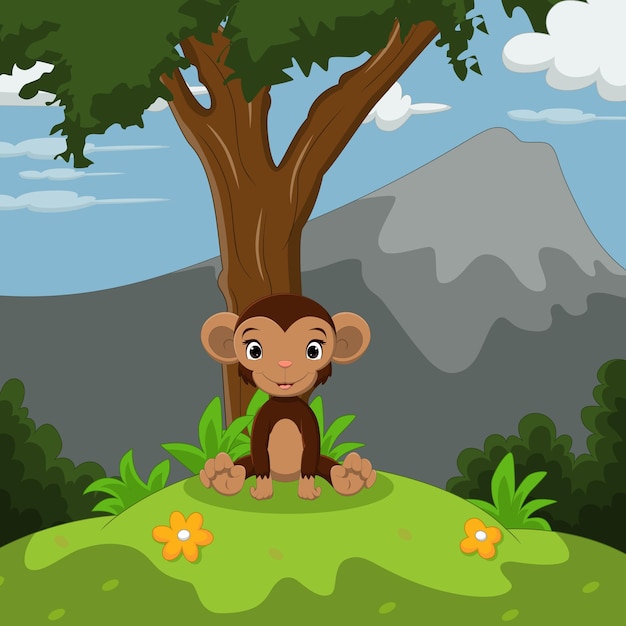 Desenho de macaco bebê fofo sentado na grama