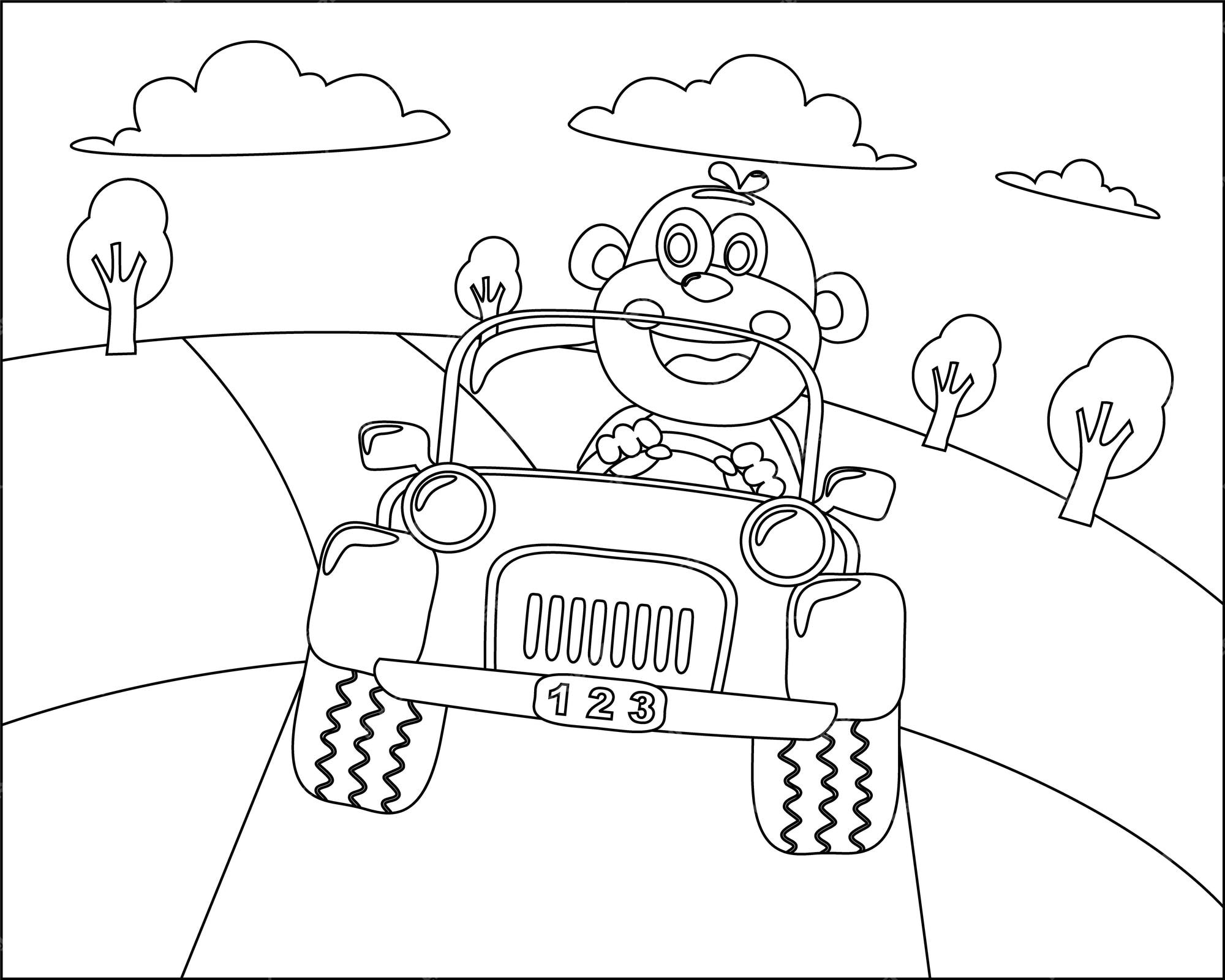 Desenhos Animados Macaco Bonito Dirigindo Carro Corrida Vintage