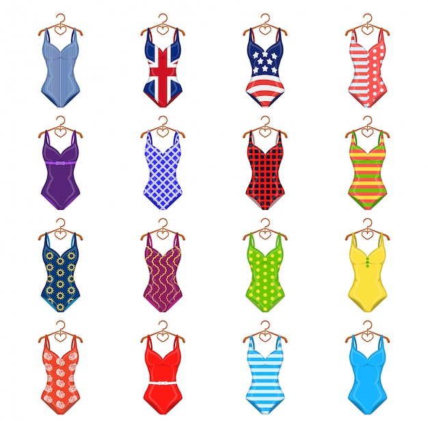 Desenho de maiô ícone definido. desenhos animados isolados definir ícone biquíni de moda praia. roupa de banho .