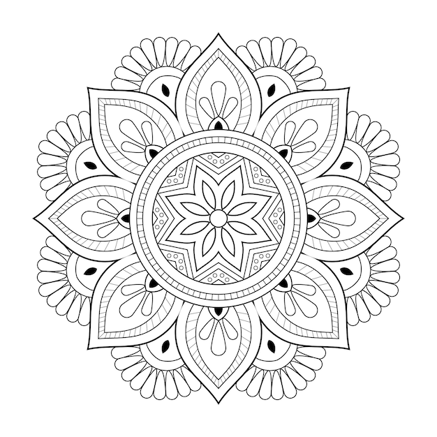 Desenho de mandala de arte de linha floral com estilo étnico árabe preto e branco para colorir