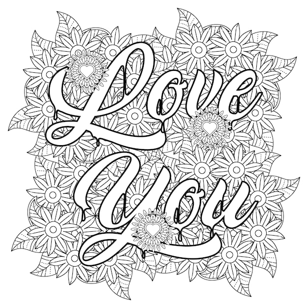 Desenho de mandala de flor de palavra de amor para colorir
