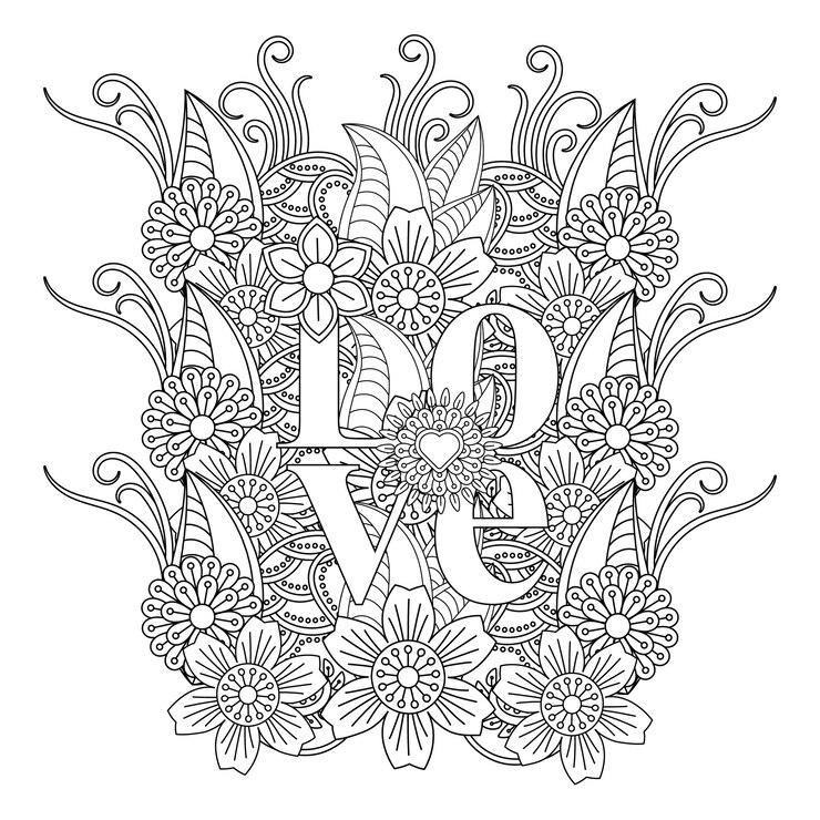 Vetor desenho de mandala de flor de palavra de amor para colorir