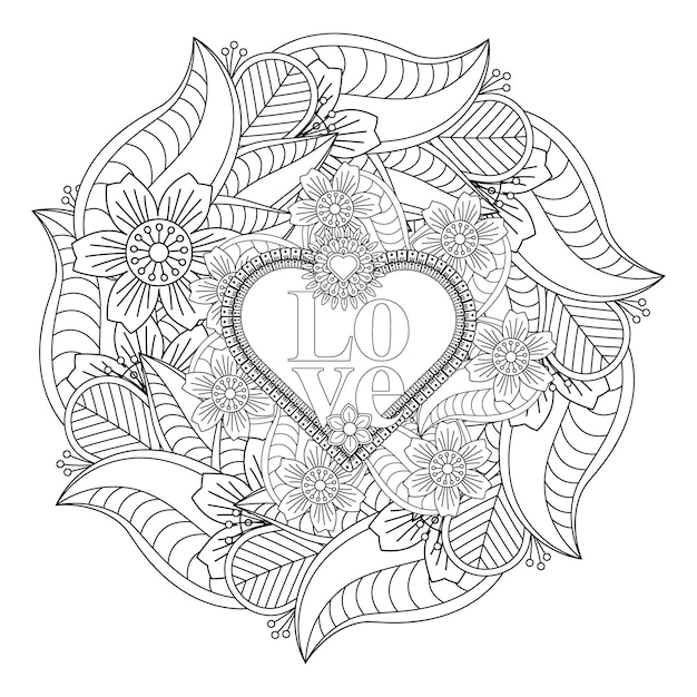 Vetor desenho de mandala de flor de palavra de amor para colorir