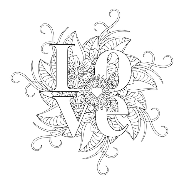 Desenho de mandala de flor de palavra de amor para colorir