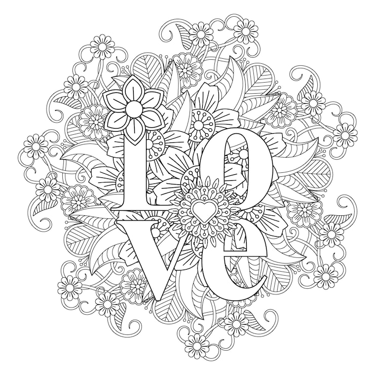 Vetor desenho de mandala de flor de palavra de amor para colorir