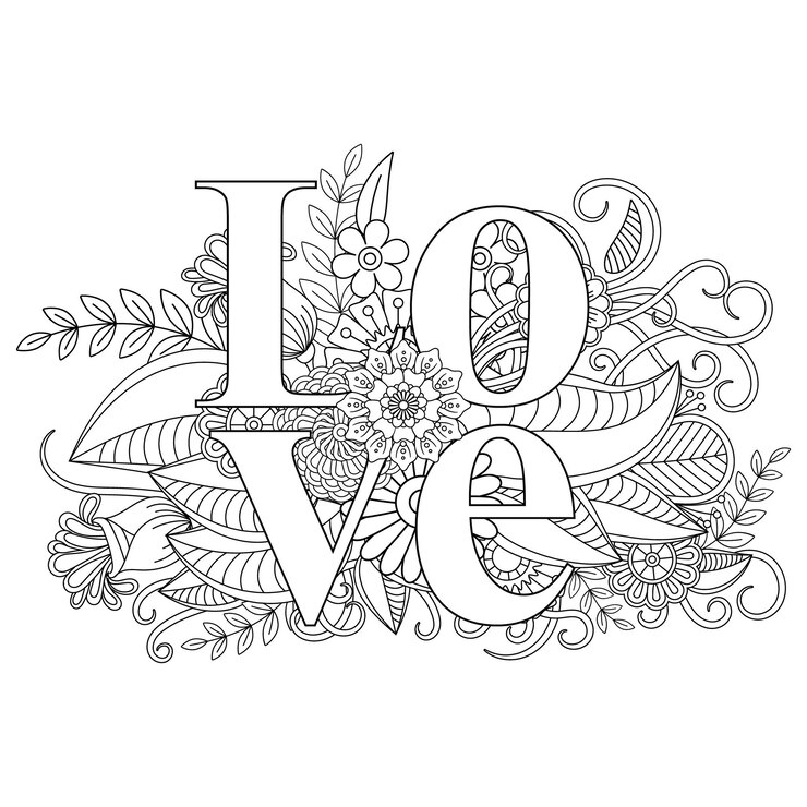 desenho de Mandala de flor de palavra de amor para colorir