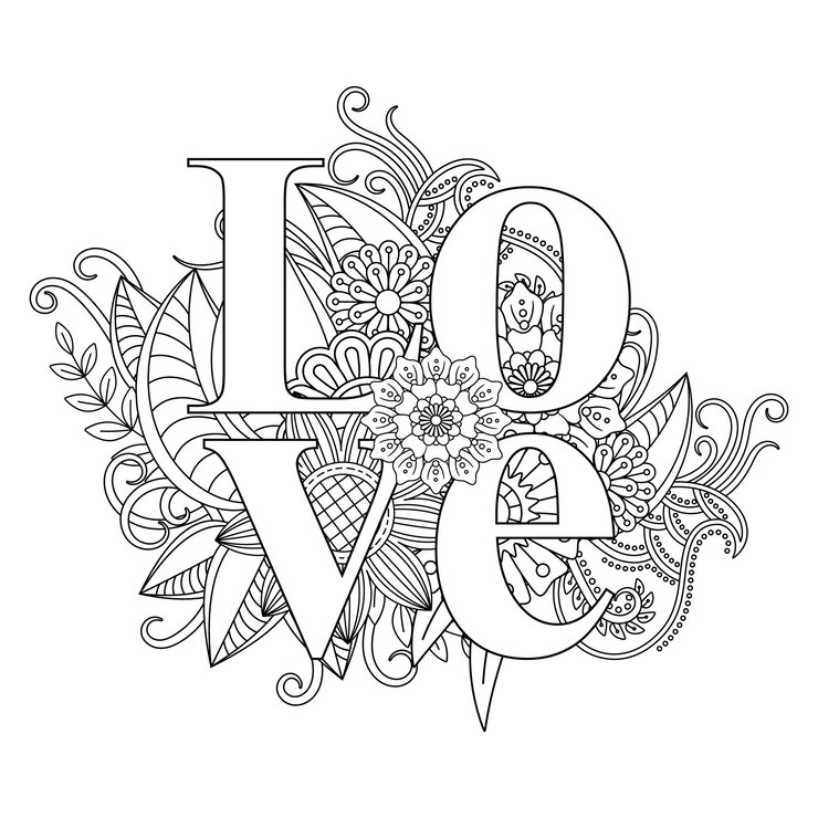 desenho de Mandala de flor de palavra de amor para colorir