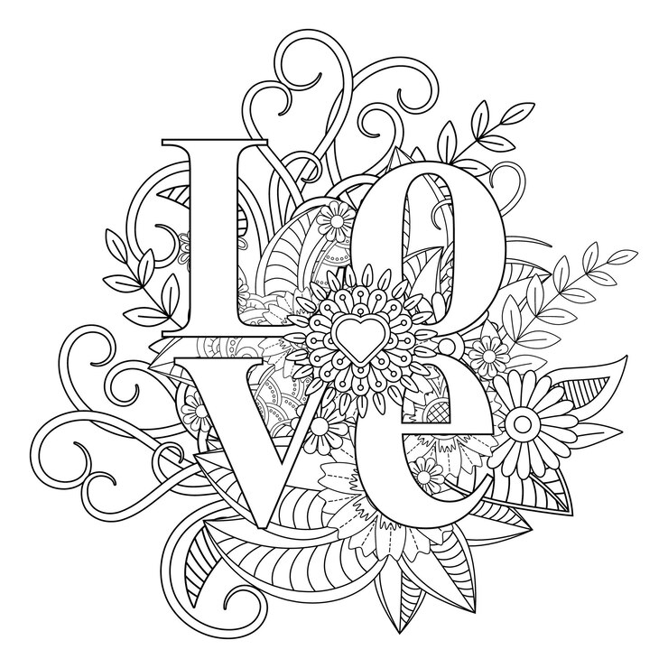 desenho de Mandala de flor de palavra de amor para colorir