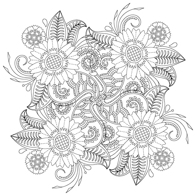 Desenho de mandala de flor para colorir