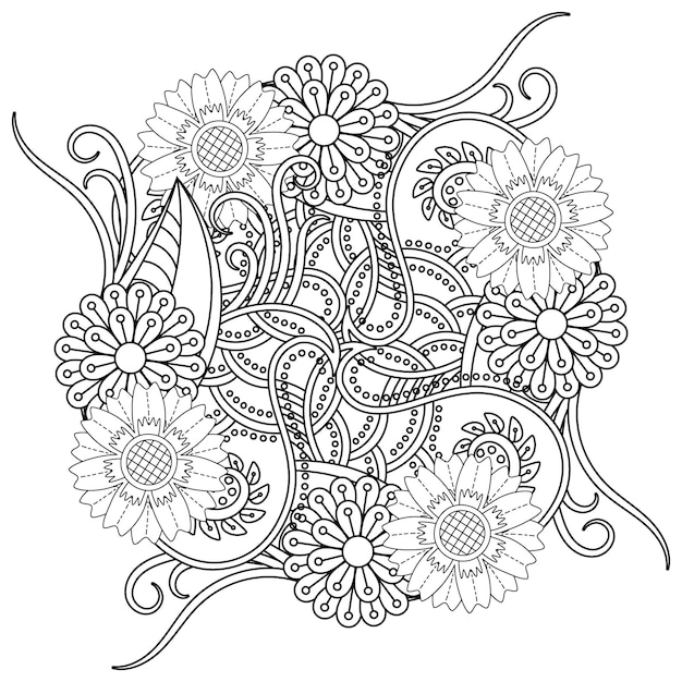 Desenho de mandala de flores desenhadas à mão para colorir