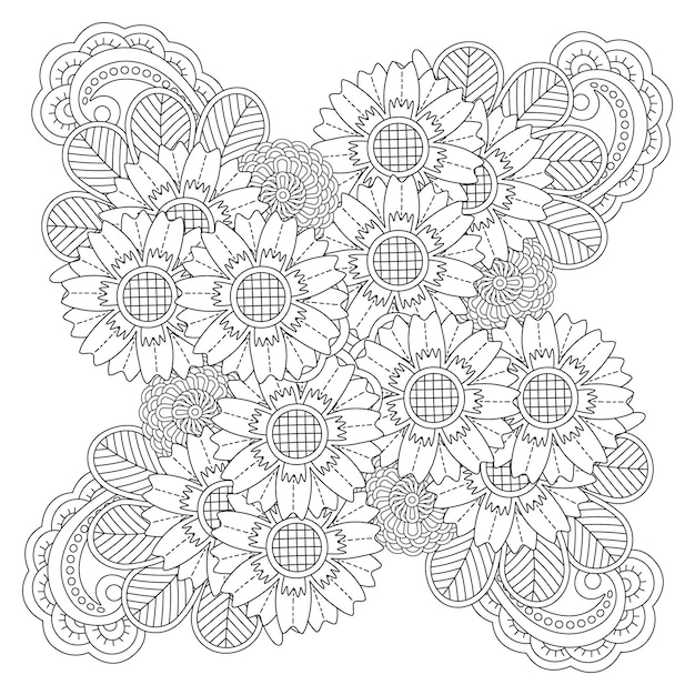 Desenho de mandala de flores desenhadas à mão para colorir