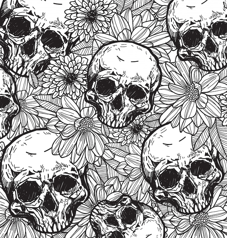 Vetor desenho de mão de caveira e flor com arte de linha