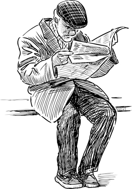 Desenho de mão de velho lê um jornal no banco do parque