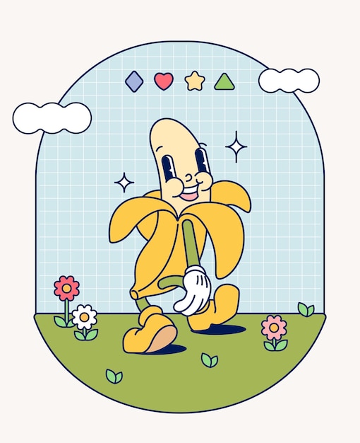 Desenho de mão engraçado retro vintage estilo moderno personagem de desenho animado de banana aberta ilustração contemporânea doodle coleção de quadrinhos