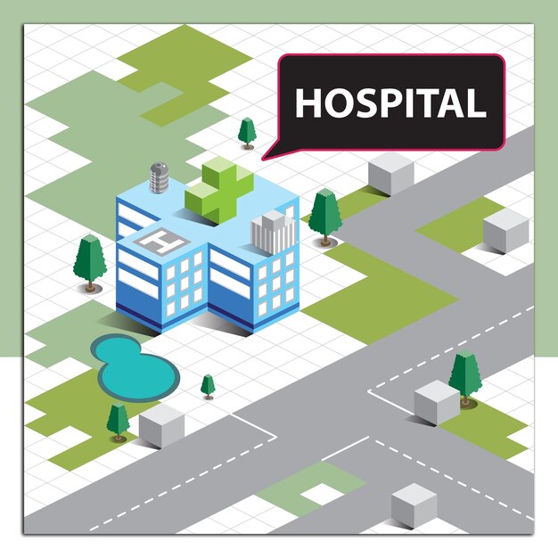 Vetor desenho de mapa vetorial isométrico do hospital