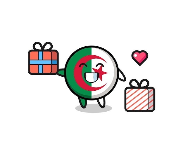 Desenho de mascote da bandeira da argélia dando o presente