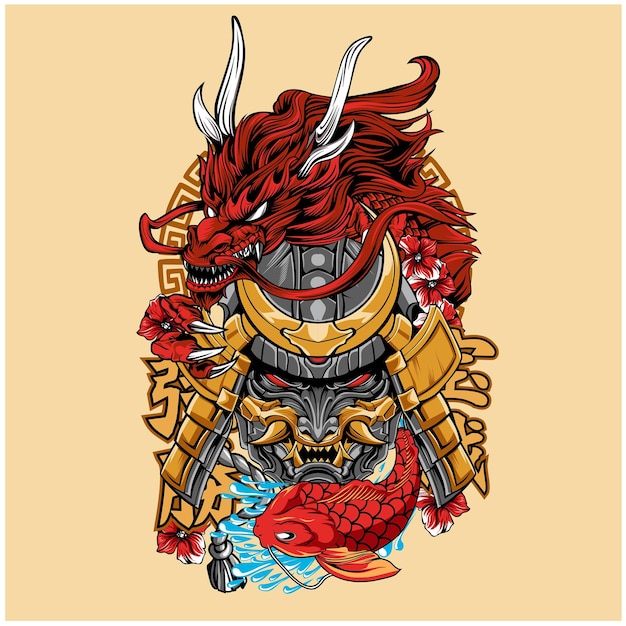 desenho de mascote de máscara de dragão shogun em vetor