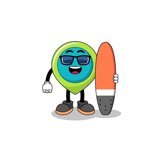 Desenho de mascote do símbolo de localização como surfista