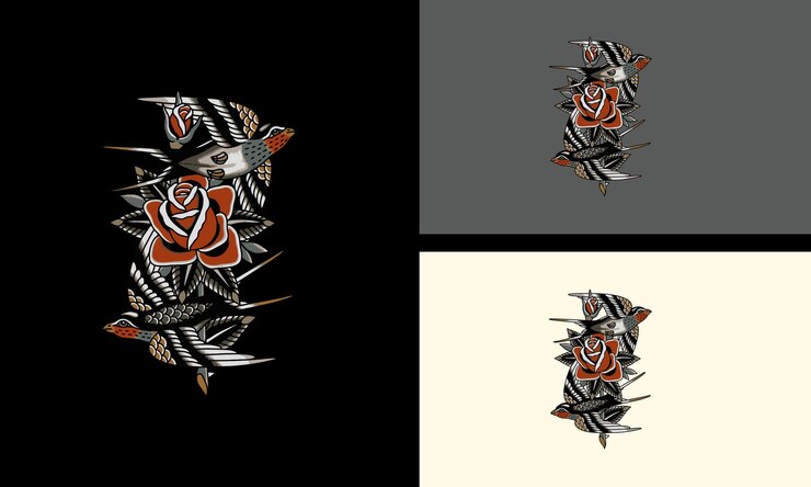 Vetor desenho de mascote vetorial de pássaros voadores e flores vermelhas
