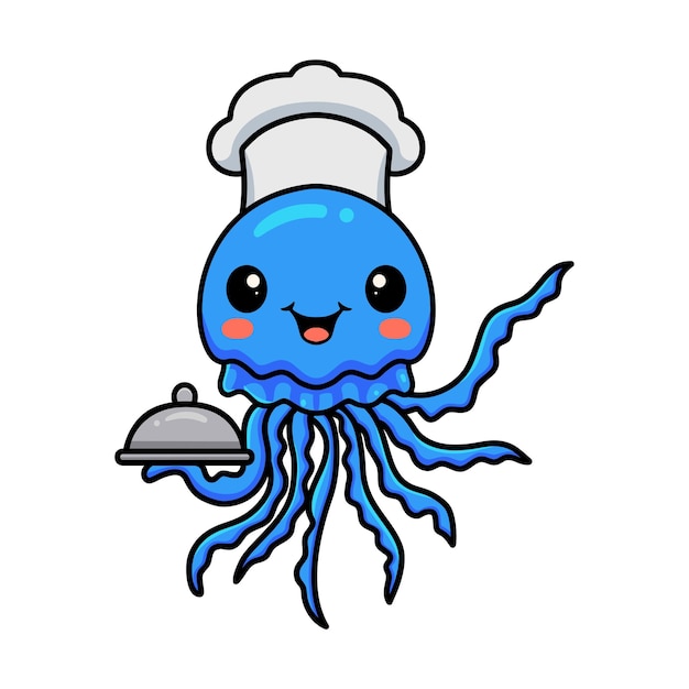 Desenho de medusa de chef azul bonito servindo comida em um prato de lasca