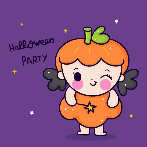 Desenho de menina fofo de halloween segurando varinha mágica kawaii desenhada